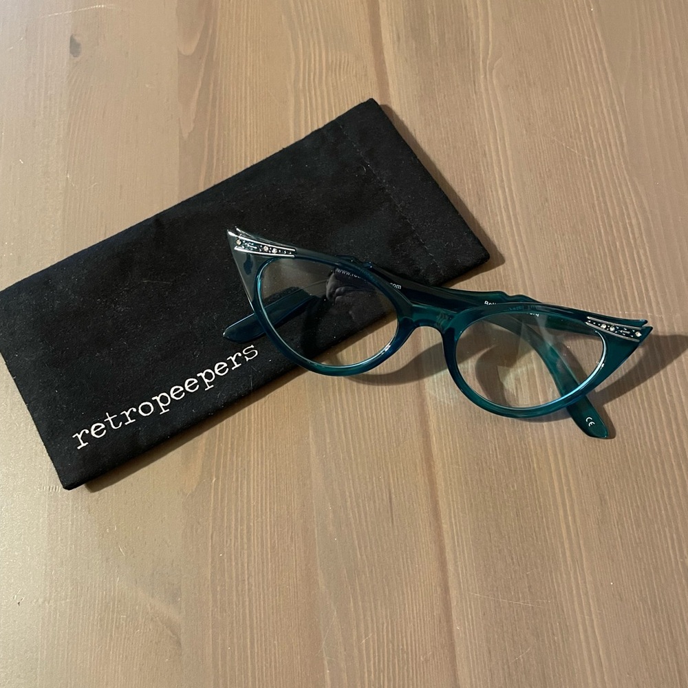 Retro “Betty” cat eye Teal Glasses with rhinestones